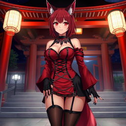 A sexy gothic anime girl Kitsune with shoulder-length red hair, dressed in a captivating red and black Japanese style dress that features numerous chains, long sleeves, and a tight corset, paired with black stockings