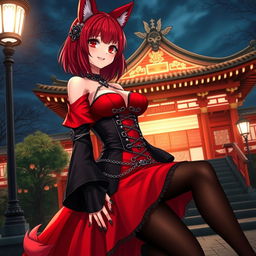 A sexy gothic anime girl Kitsune with shoulder-length red hair, dressed in a captivating red and black Japanese style dress that features numerous chains, long sleeves, and a tight corset, paired with black stockings