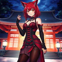 A sexy gothic anime girl Kitsune with shoulder-length red hair, dressed in a captivating red and black Japanese style dress that features numerous chains, long sleeves, and a tight corset, paired with black stockings