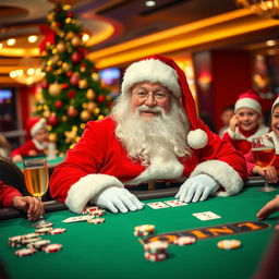 A jolly Santa Claus in a festive casino setting, wearing his traditional red suit with white fur trim, seated at a poker table surrounded by colorful casino chips and playing cards