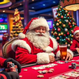 A jolly Santa Claus in a festive casino setting, wearing his traditional red suit with white fur trim, seated at a poker table surrounded by colorful casino chips and playing cards