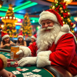 A jolly Santa Claus in a festive casino setting, wearing his traditional red suit with white fur trim, seated at a poker table surrounded by colorful casino chips and playing cards
