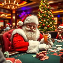 A jolly Santa Claus in a festive casino setting, wearing his traditional red suit with white fur trim, seated at a poker table surrounded by colorful casino chips and playing cards