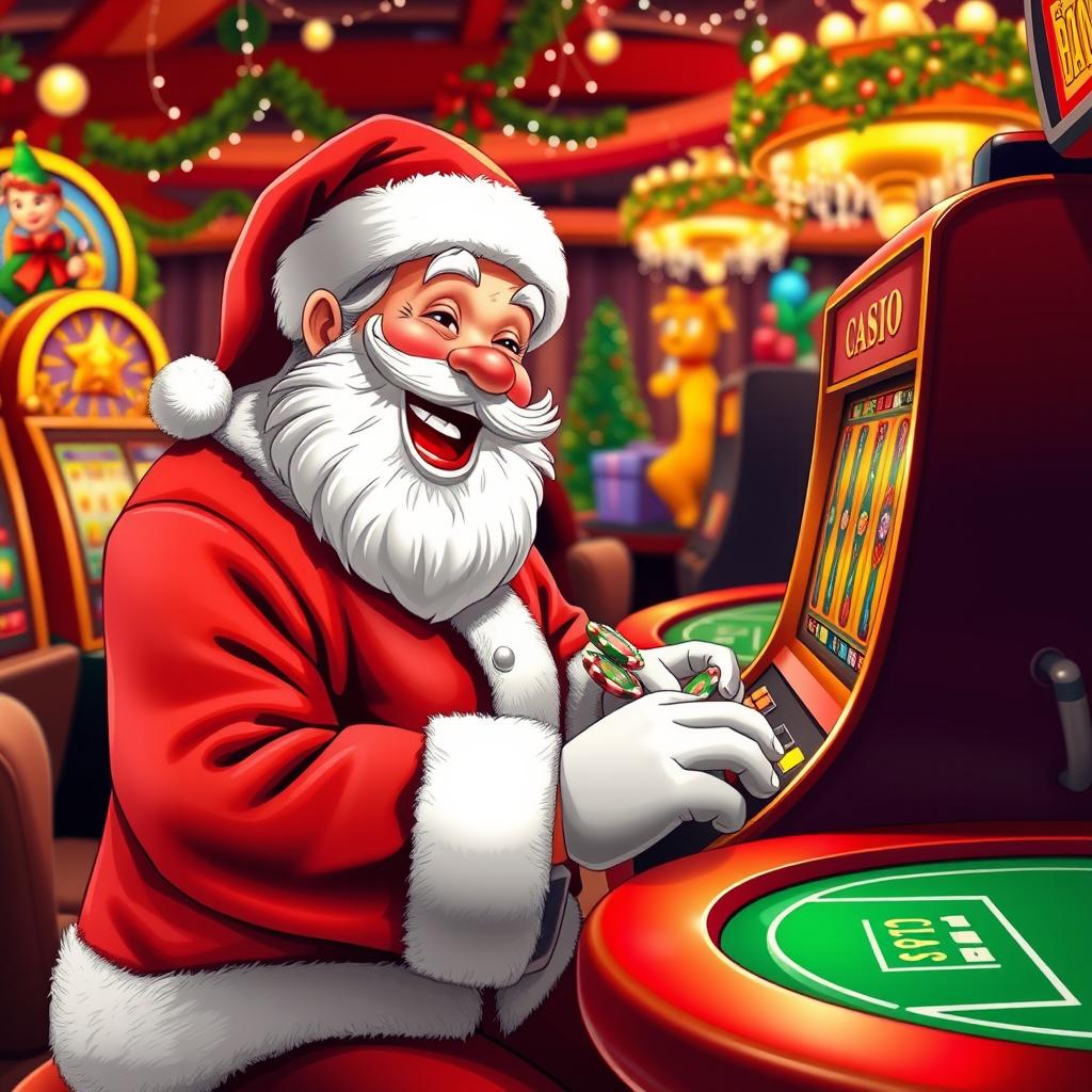 A whimsical scene featuring Santa Claus joyfully playing casino games in an online casino environment, surrounded by colorful slot machines, poker tables, and festive decorations