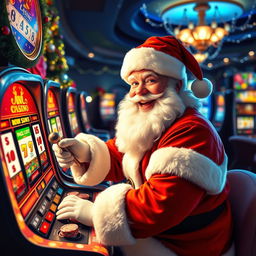 A whimsical scene featuring Santa Claus joyfully playing casino games in an online casino environment, surrounded by colorful slot machines, poker tables, and festive decorations