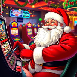 A whimsical scene featuring Santa Claus joyfully playing casino games in an online casino environment, surrounded by colorful slot machines, poker tables, and festive decorations