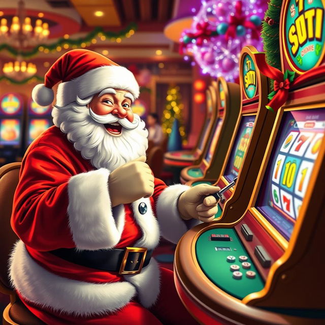 A whimsical scene featuring Santa Claus joyfully playing casino games in an online casino environment, surrounded by colorful slot machines, poker tables, and festive decorations