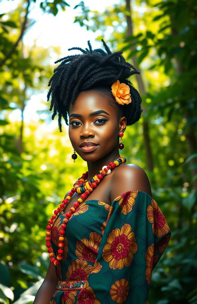 Akwanshi, a beautiful Afrocentric woman in a vibrant traditional outfit, standing confidently amidst a lush forest, her skin glowing under the dappled sunlight