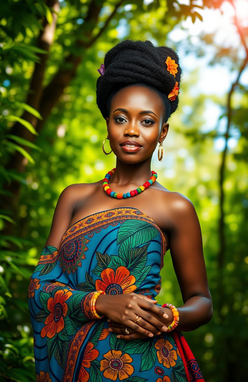 Akwanshi, a beautiful Afrocentric woman in a vibrant traditional outfit, standing confidently amidst a lush forest, her skin glowing under the dappled sunlight