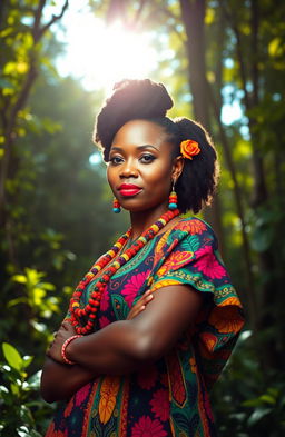 Akwanshi, a beautiful Afrocentric woman in a vibrant traditional outfit, standing confidently amidst a lush forest, her skin glowing under the dappled sunlight