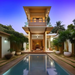 A three-bedroom house with a ground floor possessing an extravagant bathroom-based swimming pool, a serene courtyard, a spiritual mandir, and a well-equipped servant quarter.