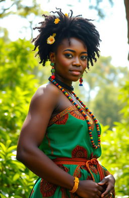 Akwanshi, a beautiful Afrocentric woman in a vibrant traditional outfit, standing confidently amidst a lush forest, her skin glowing under the dappled sunlight