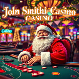 A festive scene with Santa Claus joyfully playing casino games, seated at a colorful casino table filled with various games like blackjack and poker