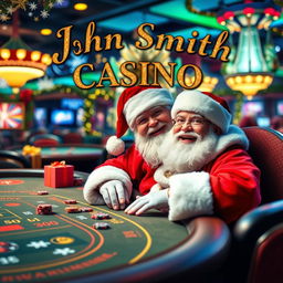 A festive scene with Santa Claus joyfully playing casino games, seated at a colorful casino table filled with various games like blackjack and poker