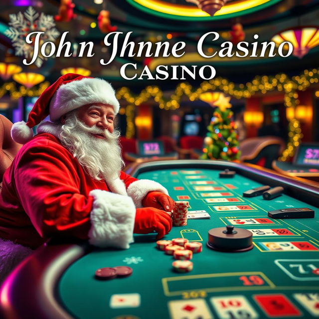 A festive scene with Santa Claus joyfully playing casino games, seated at a colorful casino table filled with various games like blackjack and poker