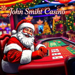 A festive scene with Santa Claus joyfully playing casino games, seated at a colorful casino table filled with various games like blackjack and poker