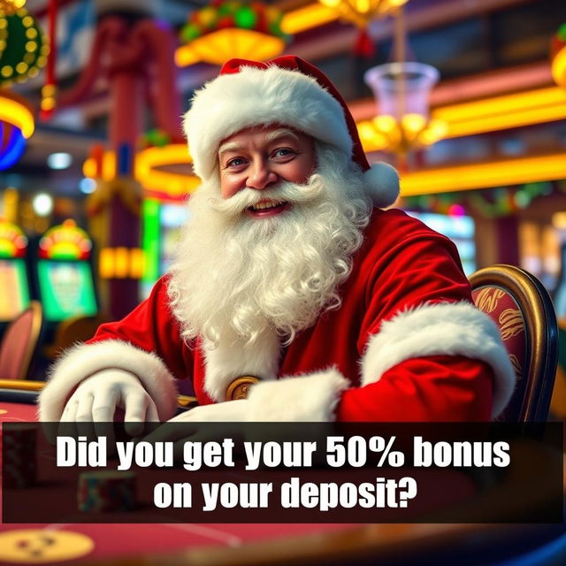 A cheerful Santa Claus in his traditional red and white outfit, sitting at a colorful casino table, joyfully playing poker with a stack of poker chips in front of him