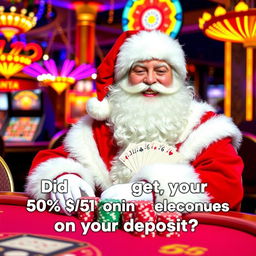 A cheerful Santa Claus in his traditional red and white outfit, sitting at a colorful casino table, joyfully playing poker with a stack of poker chips in front of him