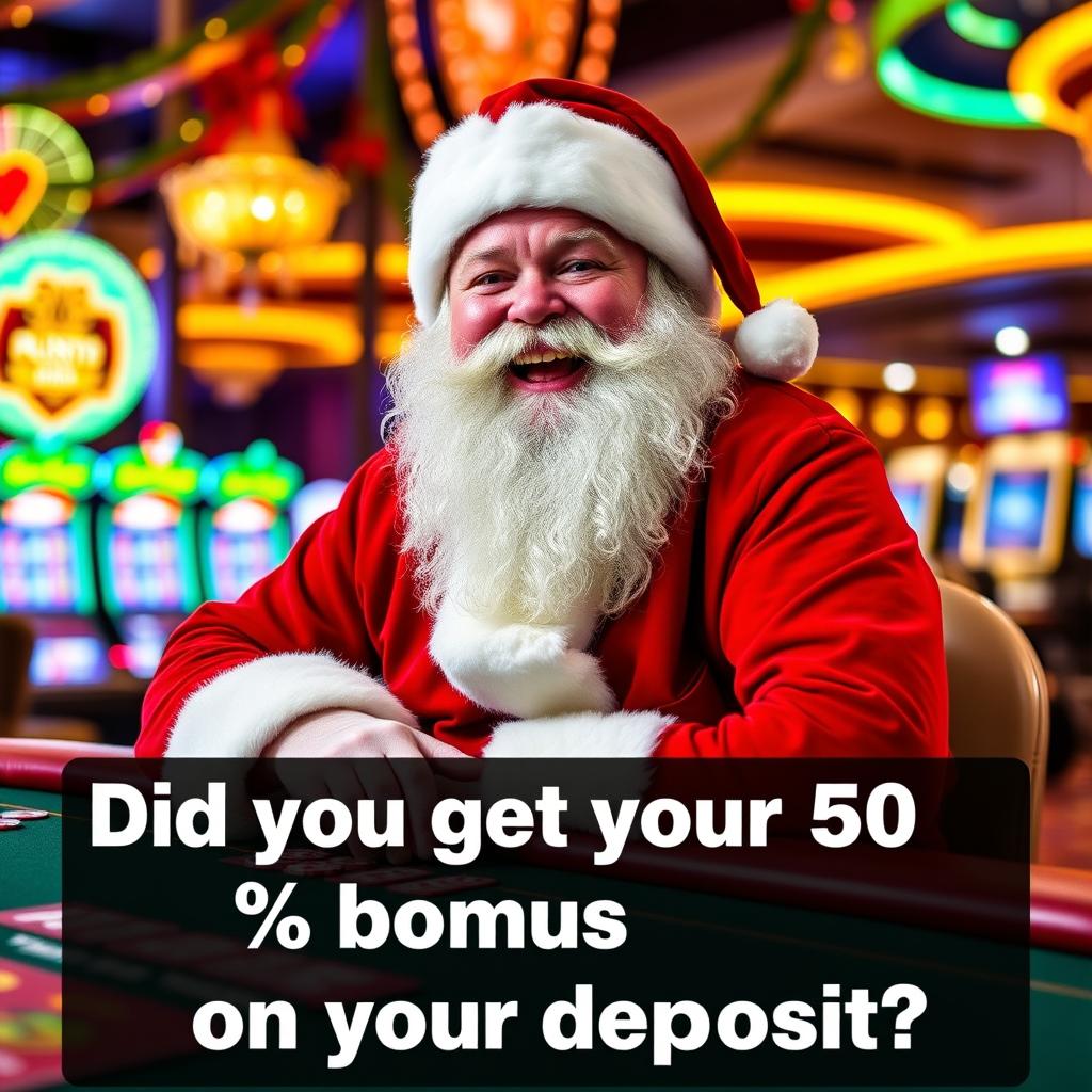 A cheerful Santa Claus in his traditional red and white outfit, sitting at a colorful casino table, joyfully playing poker with a stack of poker chips in front of him