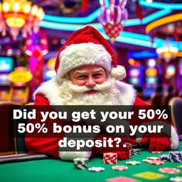 A cheerful Santa Claus in his traditional red and white outfit, sitting at a colorful casino table, joyfully playing poker with a stack of poker chips in front of him