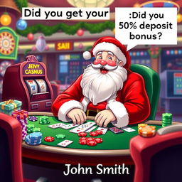 An illustration of Santa Claus joyfully playing various casino games, like poker and slots, with colorful casino chips and cards around him