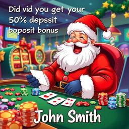 An illustration of Santa Claus joyfully playing various casino games, like poker and slots, with colorful casino chips and cards around him