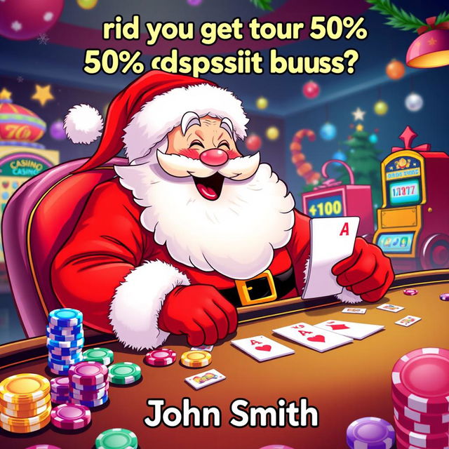 An illustration of Santa Claus joyfully playing various casino games, like poker and slots, with colorful casino chips and cards around him