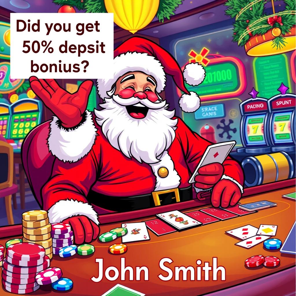 An illustration of Santa Claus joyfully playing various casino games, like poker and slots, with colorful casino chips and cards around him