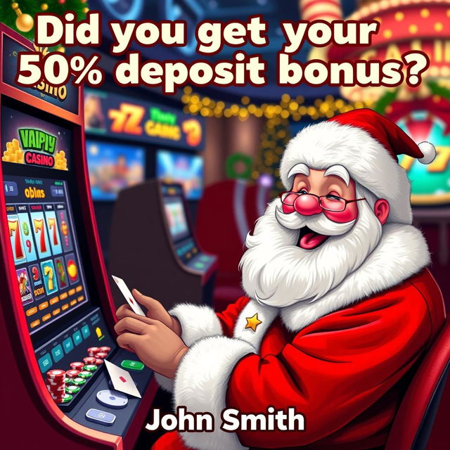 A whimsical scene of Santa Claus playing casino games at a festive online casino platform