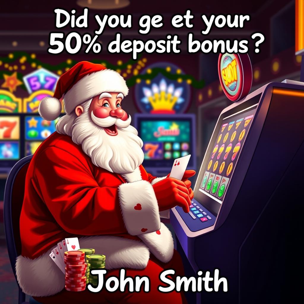 A whimsical scene of Santa Claus playing casino games at a festive online casino platform