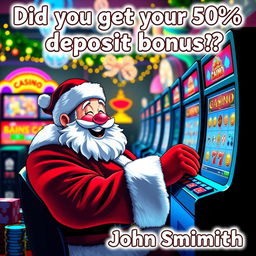 A whimsical scene of Santa Claus playing casino games at a festive online casino platform