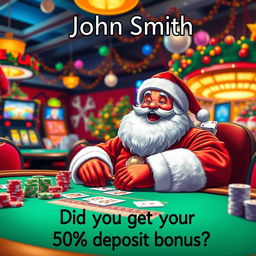 A whimsical scene depicting Santa Claus joyfully playing casino games in a vibrant online casino setting