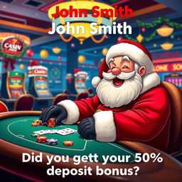 A whimsical scene depicting Santa Claus joyfully playing casino games in a vibrant online casino setting