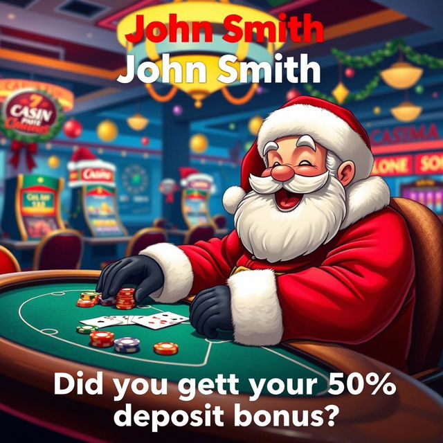 A whimsical scene depicting Santa Claus joyfully playing casino games in a vibrant online casino setting