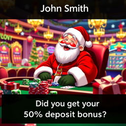 A whimsical scene depicting Santa Claus joyfully playing casino games in a vibrant online casino setting
