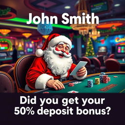 A whimsical scene depicting Santa Claus joyfully playing casino games in a vibrant online casino setting