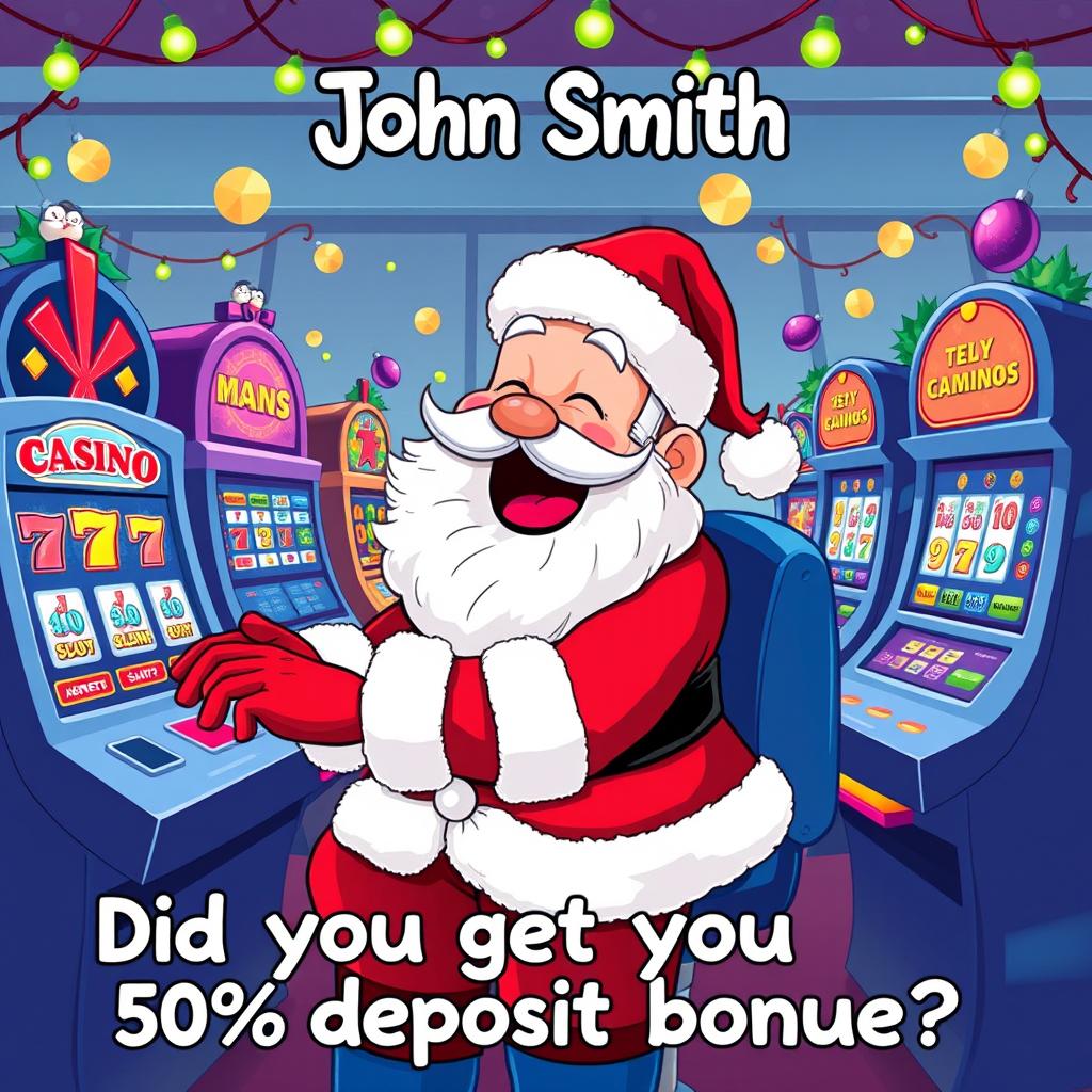 A whimsical illustration of Santa Claus joyfully playing various casino games, surrounded by colorful slot machines and a festive atmosphere