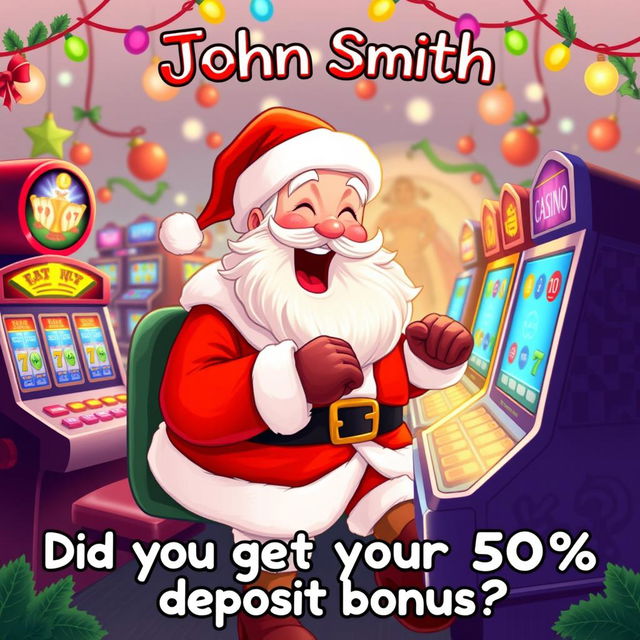 A whimsical illustration of Santa Claus joyfully playing various casino games, surrounded by colorful slot machines and a festive atmosphere