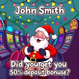 A whimsical illustration of Santa Claus joyfully playing various casino games, surrounded by colorful slot machines and a festive atmosphere
