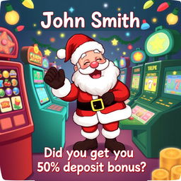 A whimsical illustration of Santa Claus joyfully playing various casino games, surrounded by colorful slot machines and a festive atmosphere