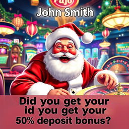 A festive scene depicting Santa Claus joyfully playing various casino games such as poker and roulette, surrounded by colorful casino decorations and bright lights