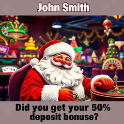 A festive scene depicting Santa Claus joyfully playing various casino games such as poker and roulette, surrounded by colorful casino decorations and bright lights