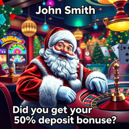 A festive scene depicting Santa Claus joyfully playing various casino games such as poker and roulette, surrounded by colorful casino decorations and bright lights