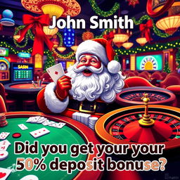A festive scene depicting Santa Claus joyfully playing various casino games such as poker and roulette, surrounded by colorful casino decorations and bright lights