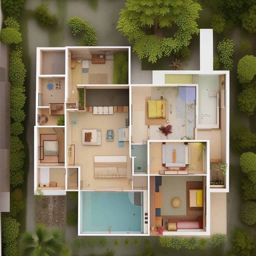 A detailed plan of a three-bedroom house featuring a ground floor with a swimming pool in the bathroom, an open courtyard, a sacred mandir, and a dedicated servant's quarter.