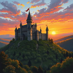 A stunning medieval castle perched atop a hill, bathed in the warm glow of a breathtaking sunset