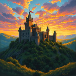A stunning medieval castle perched atop a hill, bathed in the warm glow of a breathtaking sunset