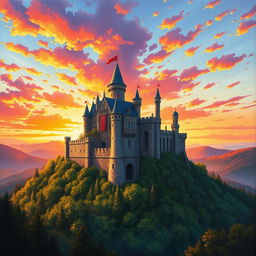 A stunning medieval castle perched atop a hill, bathed in the warm glow of a breathtaking sunset