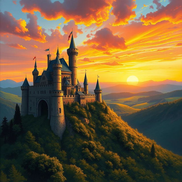 A stunning medieval castle perched atop a hill, bathed in the warm glow of a breathtaking sunset