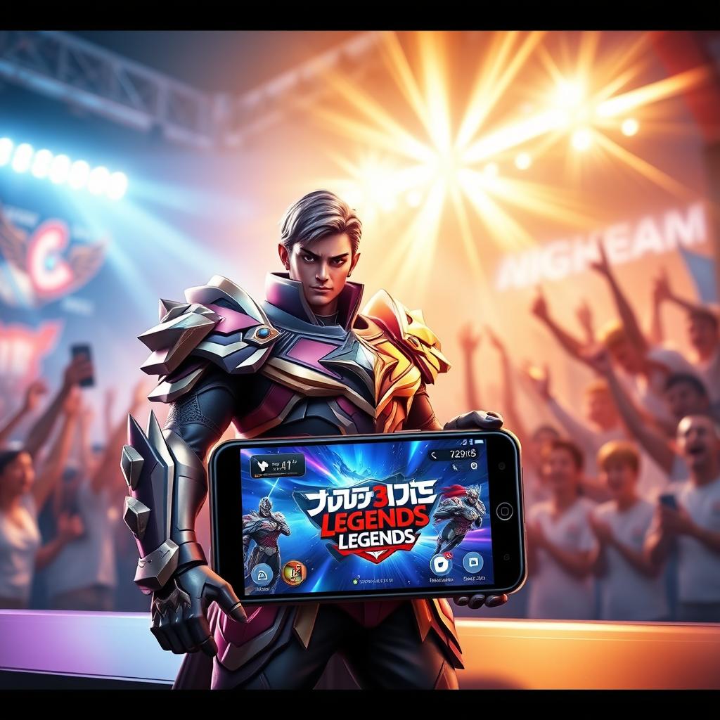 A high-end gaming smartphone designed with a Mobile Legends Bang Bang theme, featuring a realistic looking hero from the game standing prominently beside the phone
